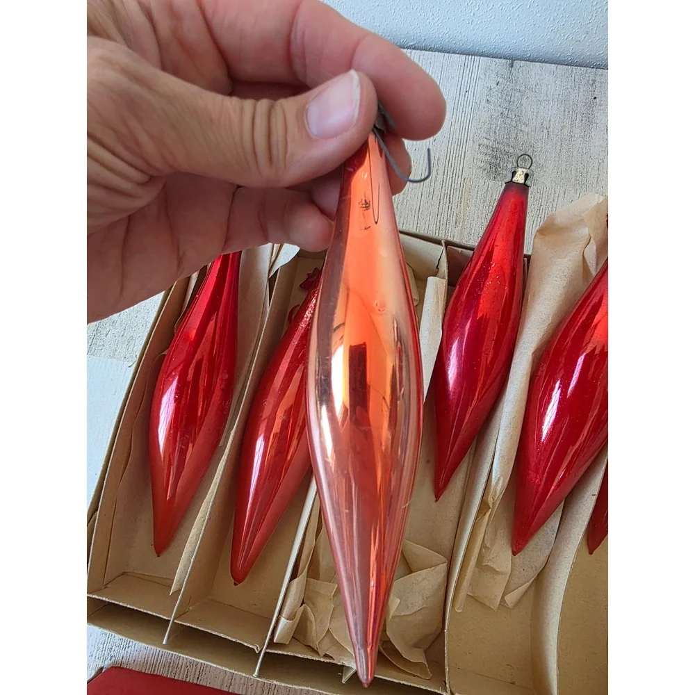 Vintage red icicle Poland set ornament Xmas tree